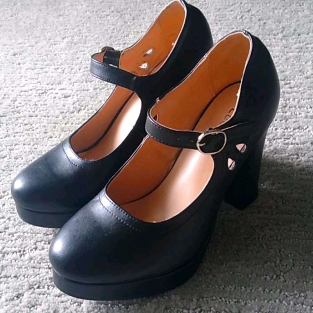 Black high-heel Mary Janes